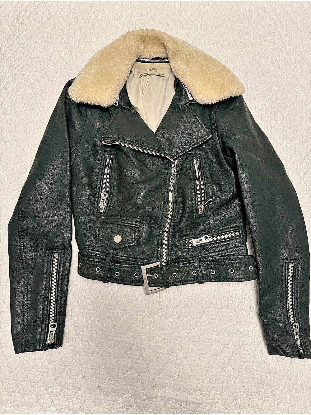Zara Faux Shearling Collar Moto Jacket in dark green, xs.